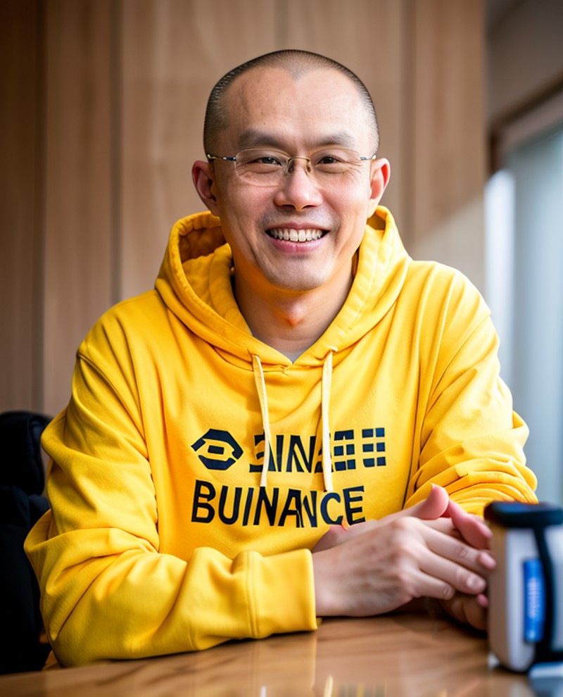 cz_binance, chinese man in glasses, yellow hoodie, smiling, bald, suit, 8k uhd, dslr, soft lighting, high quality, film gr...